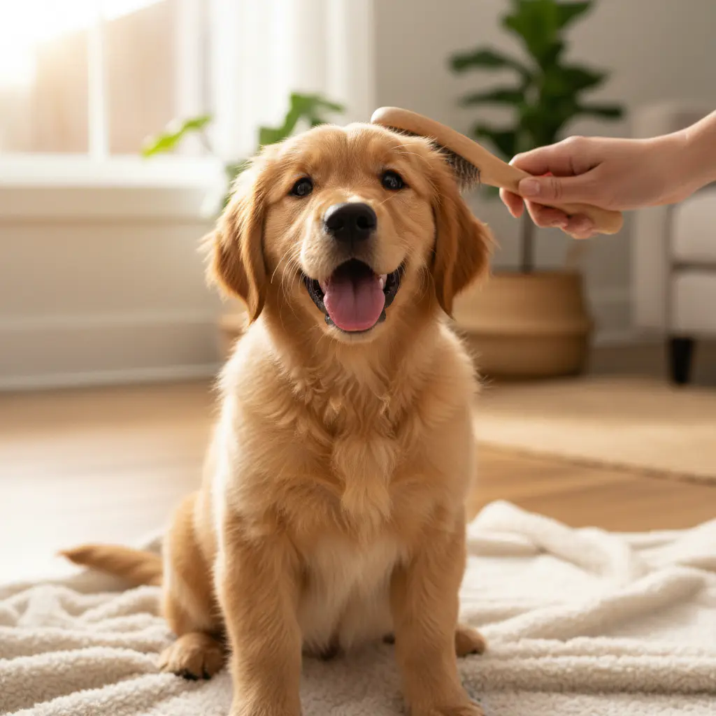 Happy puppy getting brushed