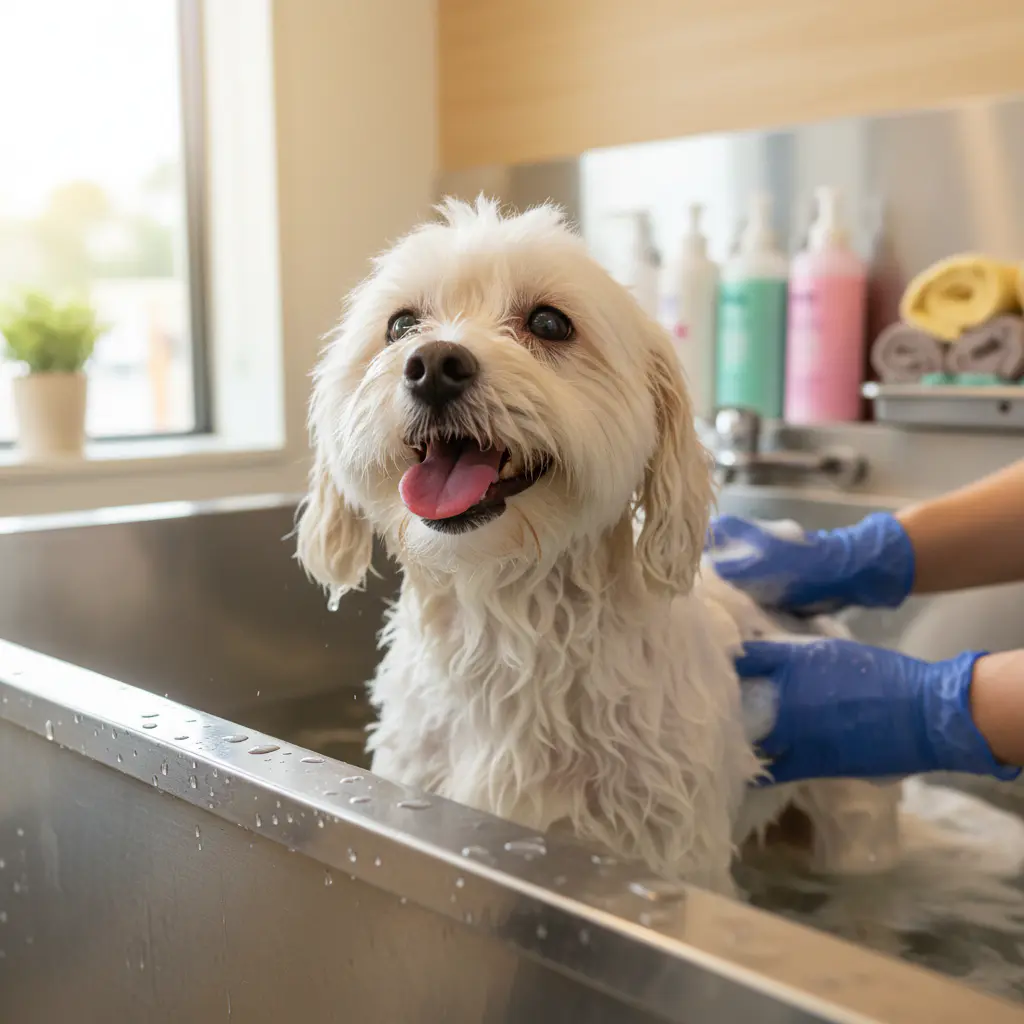 Dog having a happy bath